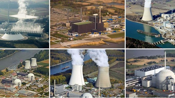 Na kombinovaném snímku vidíte německé jaderné elektrárny, které byly spuštěny před rokem 1980. (Z horního levého řádku po pravý dolní: elektrárny Neckarwestheim, Brunsbuettel, Isar, Biblis A a B, Philippsburg a Unterweser.