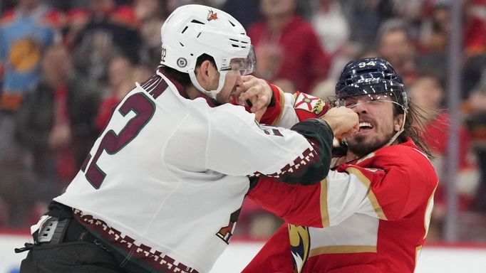 Jan 24, 2024; Sunrise, Florida, USA; Florida Panthers left wing Ryan Lomberg (94) and Arizona Coyotes center Jack McBain (22) fight during the first at Amerant Bank Arena