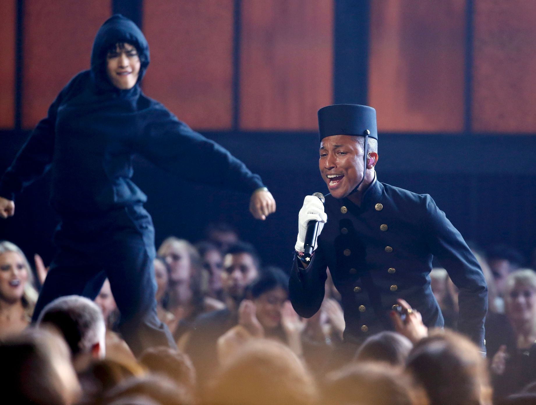 Pharrell Williams performs &quot;Happy&quot; at the 57th annual Grammy Awards in Los Angeles