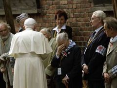 Papež rozmlouvá s bývalými vězni z Osvětimi.