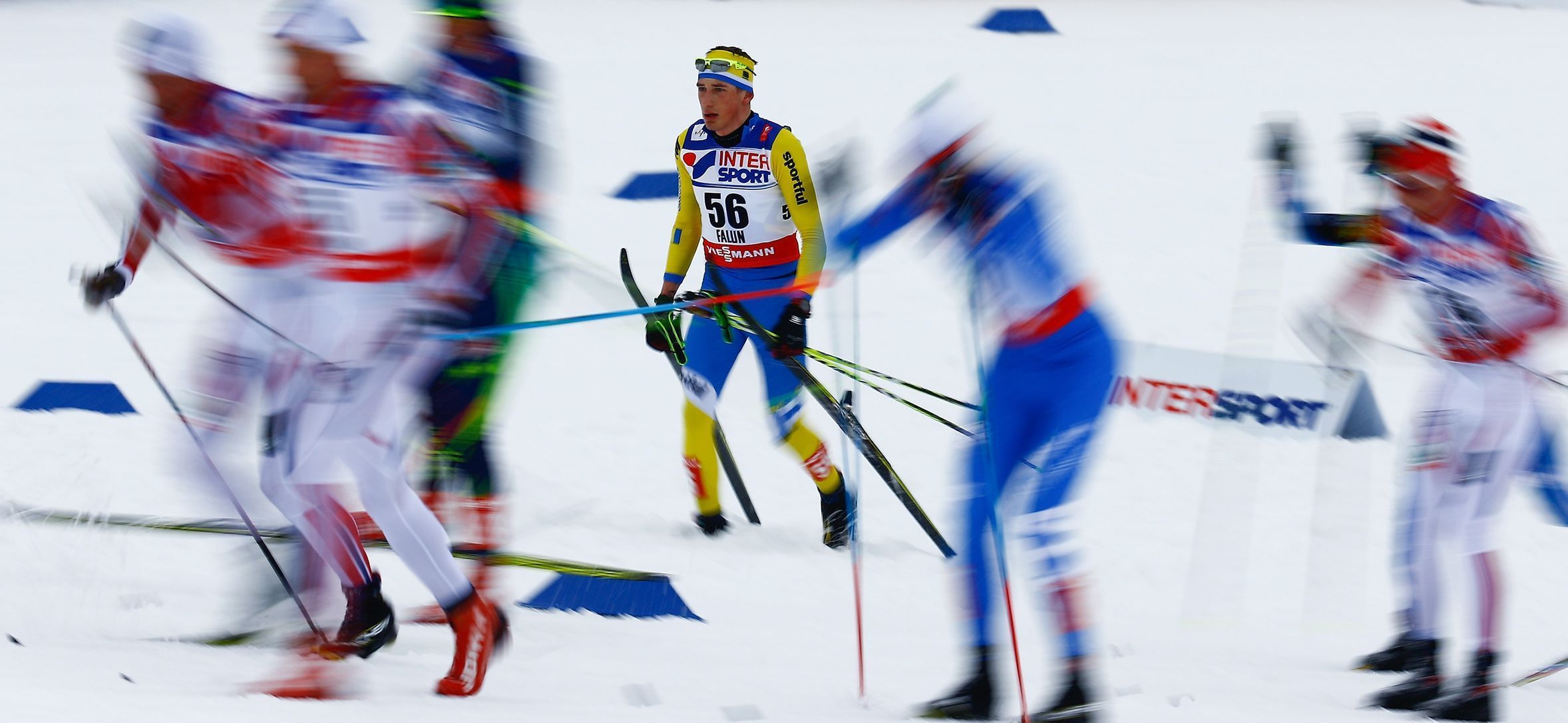Krasovskyi of Ukraine gives up as other athletes go into the last round of the men's cross country 50 km mass start classic race at the Nordic World Ski Championships in Falun