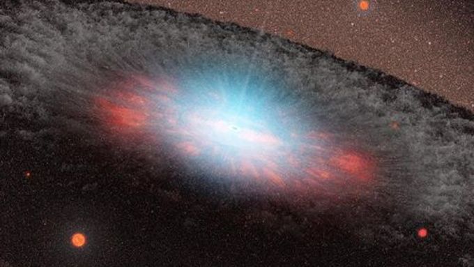 Malířovo zobrazení mohutné černé díry, která leží ve středu naší galaxie. Modrá barva znázorňuje vyzařování hmoty velmi blízko u černé díry. Šedavá struktura obklopující černou díru, zvaná torus, je tvořena plyny a prachem.
