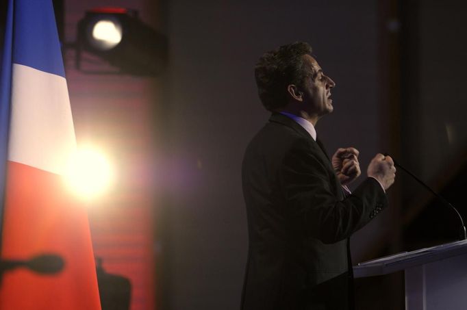 France's President and UMP party candidate for the 2012 French presidential elections Sarkozy delivers a speech