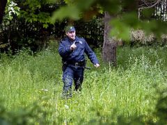 Policista prohledává okolí domu, kde se měl údajně skrývat Ratko Mladič. (Archivní snímek z 5.5.2006)