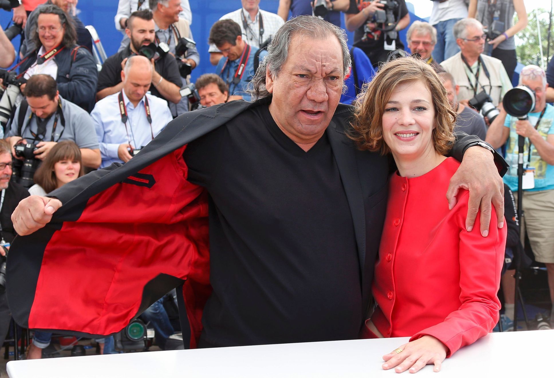 Director Tony Gatlif and cast member Celine Sallette pose during a photocall for the film &quot;Geronimo&quot; presented as part of the specials screenings at the 67th Cannes Film Festival in Cannes