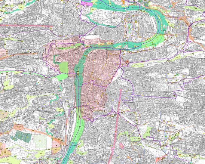 Současný návrh nového územního plánu Prahy, který ukazuje veřejně prospěšné stavby v Praze