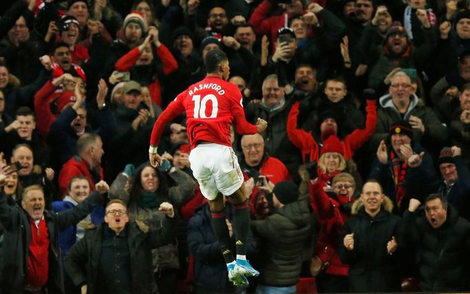 Soccer Football - Premier League - Manchester United v Tottenham Hotspur - Old Trafford, Manchester, Britain - December 4, 2019  Manchester United's Marcus Rashford celeb