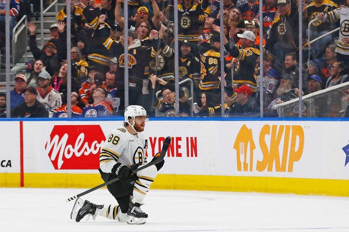 Útočník Bostonu David Pastrňák slaví svůj gól na ledě Edmontonu