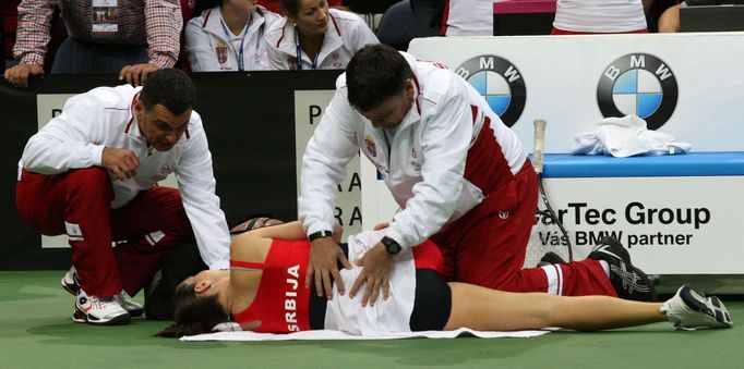 Srbská tenistka Jelena Jankovičová ve finále Fed Cupu 2012 proti Češce Lucii Šafářové.