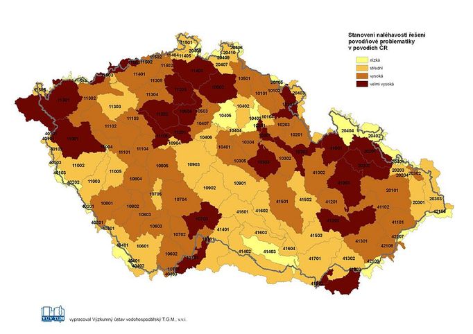 Mapa ukazuje, jak naláhavě by se v jednotlivých oblastech měla řešit hrozba povodní. Vychází ze čtyř kritérií: ohrožení lidé, majetek, eroze půdy a stav říčních niv