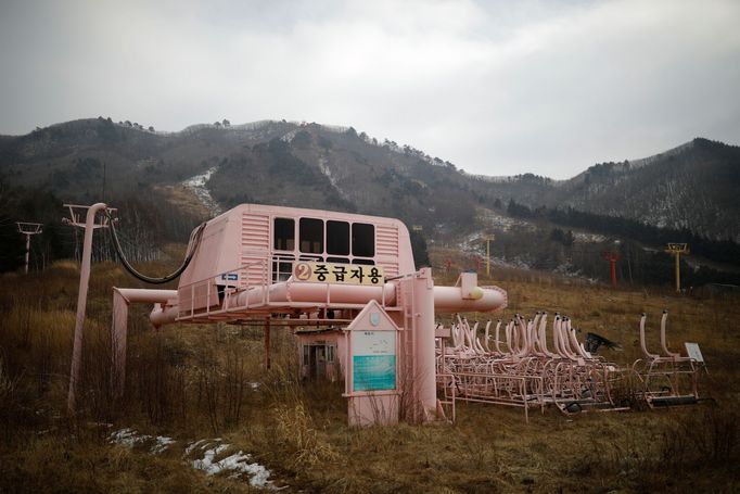 Ski lift station and decommissioned ski lift chairs are seen at the abandoned Alps Ski Resort located near the demilitarised zone separating the two Koreas in Goseong