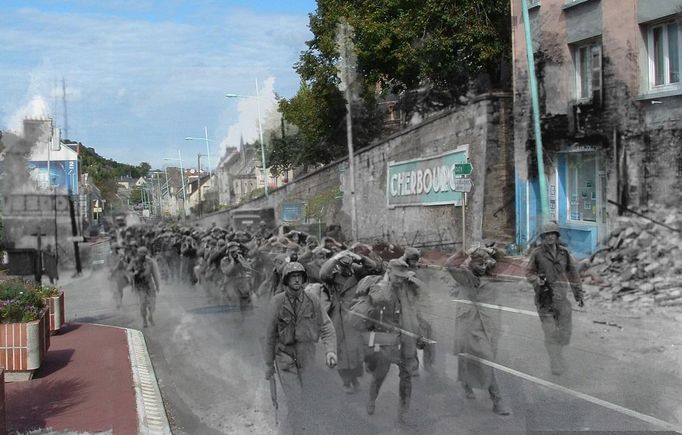 Ghosts of war - France; taken prisoner. Two photos combined, the past and the present collide. Photo taken in in Cherbourg, 1944. German prisoners of war being marched away by American soldiers. Keep updated when I make more photos like these by liking my page on facebook; www.facebook.com/thenandnowghostsofhistory Thanks (Merci) to claude.demeester who took the modern day photo and Michel Le Querrec who has an amazing collection of WW2 photos on flickr; www.flickr.com/photos/mlq/