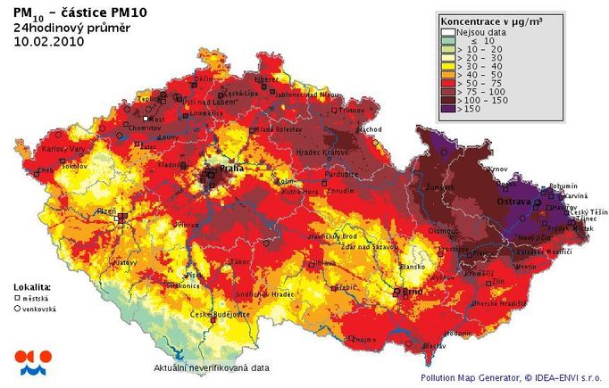 Mapa znečištění jemnými částicemi prachu ve středu 10. února