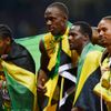 Jamajský štafetový tým sprinterů na 4x100 metrů slaví zlato a světový rekord na OH 2012 v Londýně.
