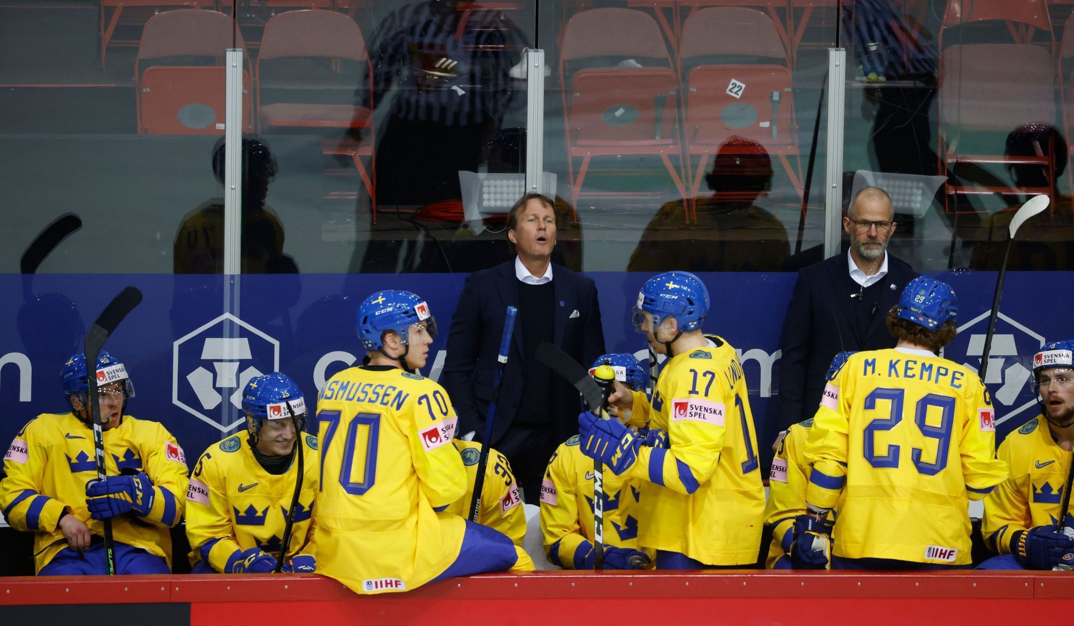 MS v hokeji 2021: Švédská střídačka v zápase proti Bělorusku