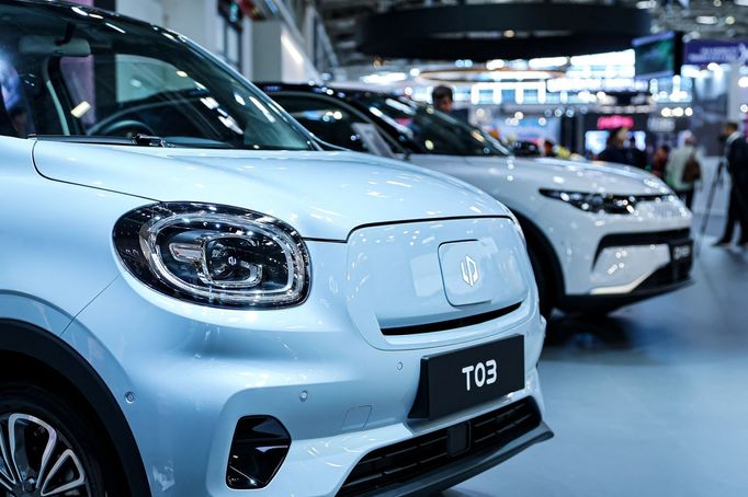 A view shows model TO3 of Leapmotor, a Chinese automobile manufacturer, displayed during an event a day ahead of the official opening of the 2023 Munich Auto Show IAA Mob