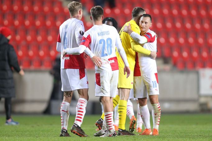 Slávistická radost v zápase Evropské ligy Slavia Praha - Bayer Leverkusen