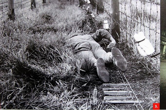 V archivech najdeme i pěkné prasárny komunistů jak si je sami zdokumentovali. Němec Bruno Heinrich na hraničních elektrických drátech. Dolní Pelhřimov 10.7.1953.