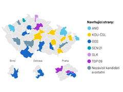 Mapa výsledků senátních voleb v roce 2022.