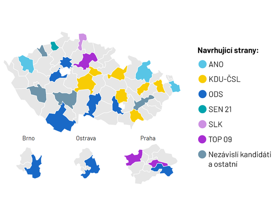 Mapa výsledků senátních voleb v roce 2022.