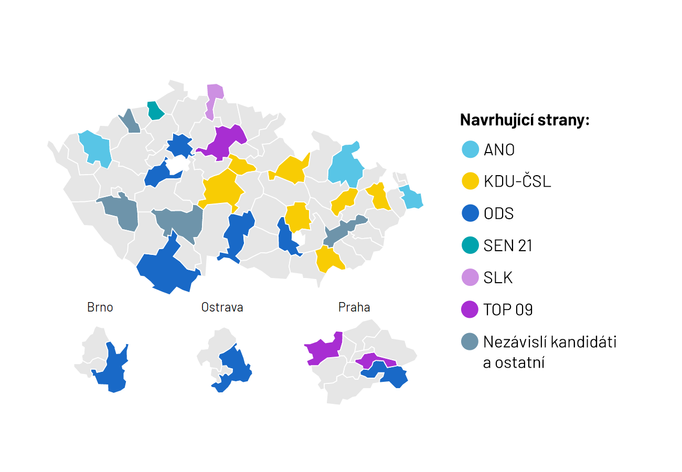 Mapa výsledků senátních voleb v roce 2022.