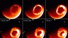 A sequence of pictures taken by the IMAGE satellite of an aurora borealis sequence. From space, the aurora appear as a halo of light centered on the magnetic north and south poles. (Courtesy: IMAGE-FUV)