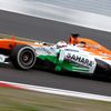 Force India Formula One driver Paul di Resta of Britain stee