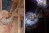 ,,Objevili jsme tajného Giotta," říká Isabella Lapi Balleriniová z prestižní restaurátorské školy Opificio delle Pietre Dure (vlevo freska pod běžným světlem, vpravo pod UV).
