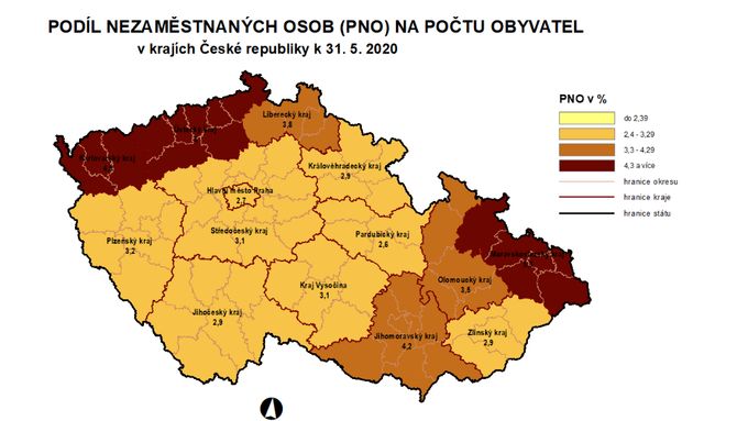 Podíl nezaměstnaných osob na počtu obyvatel v krajích ČR k 31. 5. 2020