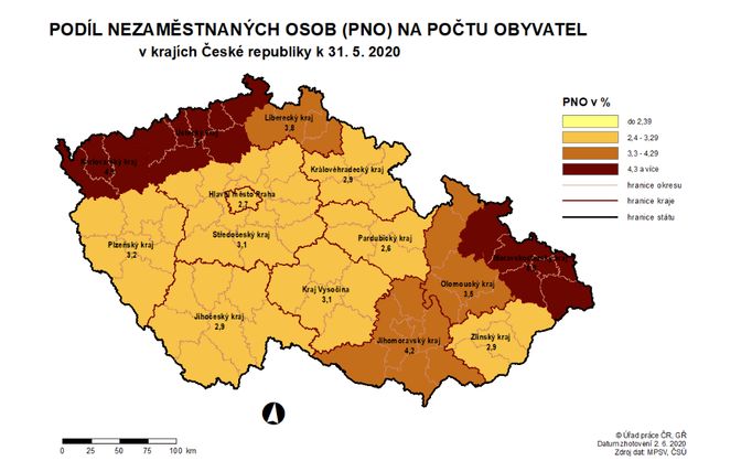 Podíl nezaměstnaných osob na počtu obyvatel v krajích ČR k 31. 5. 2020