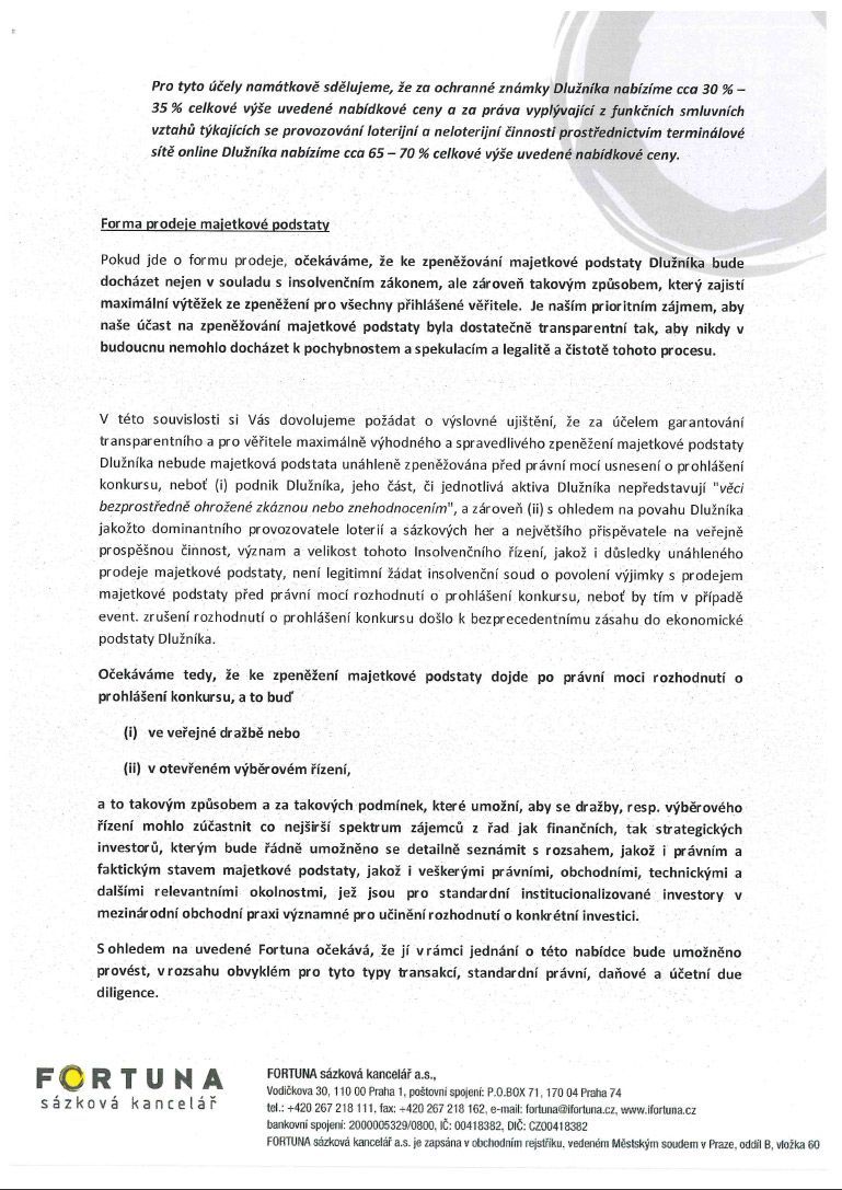 Nabídka Fortuny na převzetí Sazky