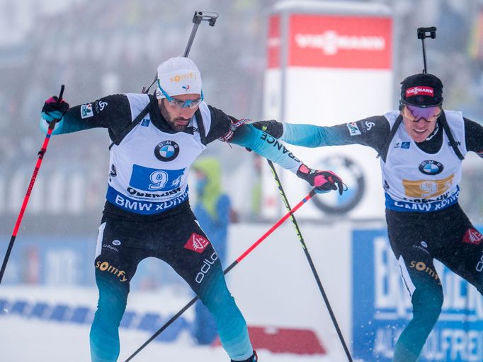 SP v biatlonu 2018/19, Oberhof, štafeta mužů: Martin Fourcade (vlevo) a Quentin Fillon Maillet