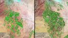 http://climate.nasa.gov/state_of_flux#Agriculturalgrowth_SaudiArabia1.jpg Agricultural growth, Saudi Arabia Only a few centimeters (about one inch) of rain falls in the S