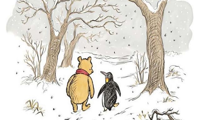 Jednoho dne zavítá do zasněženého Stokorcového lesa tučňák a potká se s medvídkem Pú.