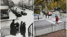 A combination photo (L) shows a young John F. Kennedy (2nd R) and his grandparents talking to a priest outside St. Stephen's Church in the North End neighborhood of Boston, Massachusetts in June 1946 and a pedestrian (R) crossing the street at the same spot outside of St. Stephen's on November 10, 2013.