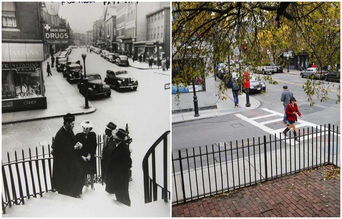 A combination photo (L) shows a young John F. Kennedy (2nd R) and his grandparents talking to a priest outside St. Stephen's Church in the North End neighborhood of Boston, Massachusetts in June 1946 and a pedestrian (R) crossing the street at the same spot outside of St. Stephen's on November 10, 2013.