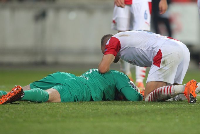 Brankář Ondřej Kolář. Slavia - Midtjylland, play off Ligy mistrů 2020/2021