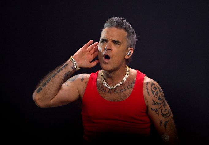 Zpěvák Robbie Williams během svého nedělního koncertu v pražské O2 areně.