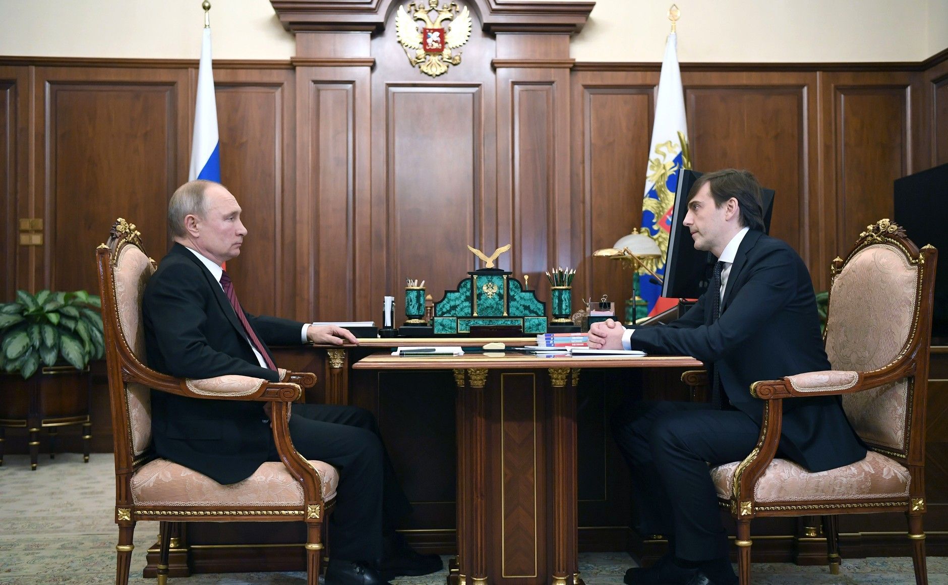 Schůzka Vladimíra Putina s ministrem školství Sergejem Kravcovem v lednu 2021.