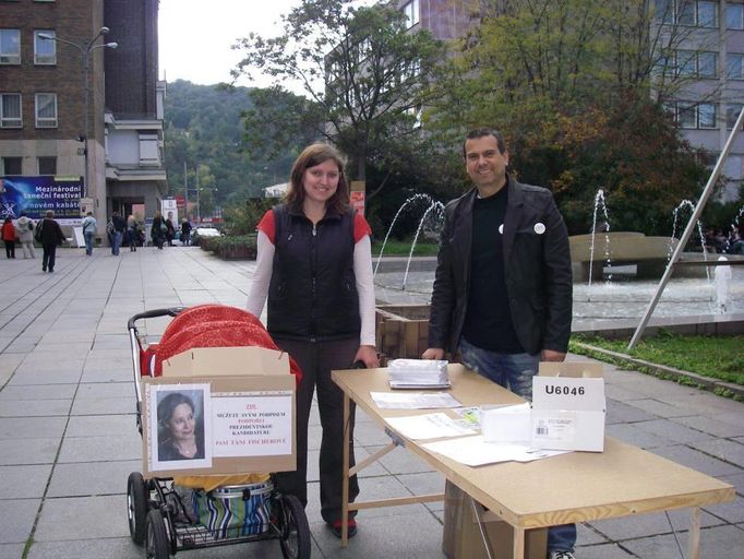 Michaela Čeřovská k této fotce na Facebooku píše: "Pro inspiraci: můj pojízdný kočárkový petiční stánek, se kterým jsem dnes v Ústí nad Labem nasbírala během cca šesti hodin 42 podpisů (pro Táňu Fischerovou)." Na Lidickém náměstí potkala nepohybující se stánek,u nějž lidé z politického hnutí PRO KRAJ! rovněž sbírali podpisy pro Fischerovou.