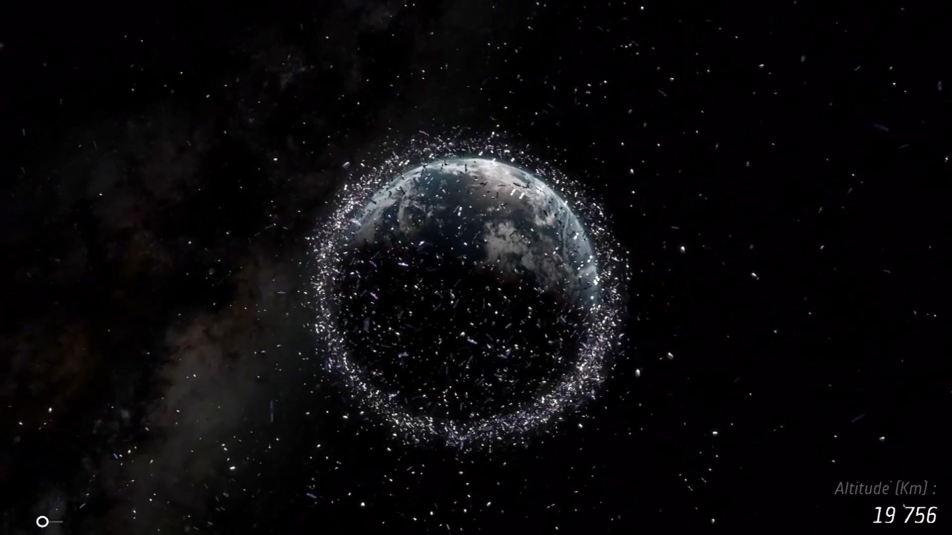 Animace vesmírného odpadu, který zůstal po lidech v okolí Země.