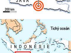 Epicentrum zemětřesení bylo zaznamenáno ve stejné oblasti ve které  leží činná sopka Merapi