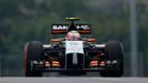 Force India Formula One driver Sergio Perez of Mexico drives during the second practice session of the Malaysian F1 Grand Prix at Sepang International Circuit outside Kua