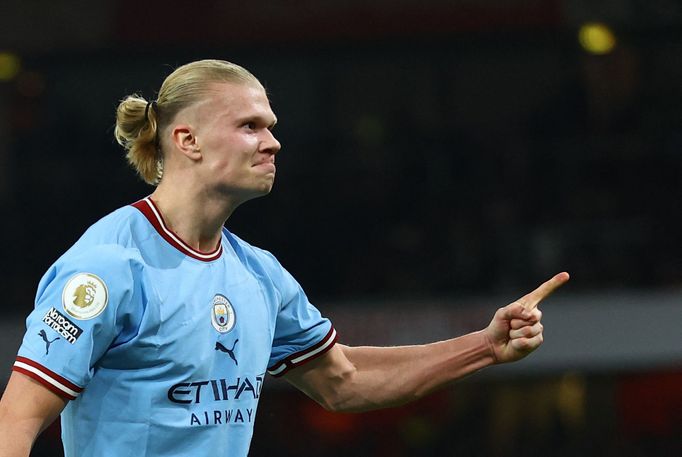 Soccer Football - Premier League - Arsenal v Manchester City - Emirates Stadium, London, Britain - February 15, 2023 Manchester City's Erling Braut Haaland celebrates sco