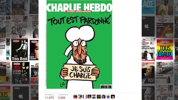 "Jsem Charlie." Titulní strana týdeníku Charlie Hebdo, který vyjde 14. ledna.