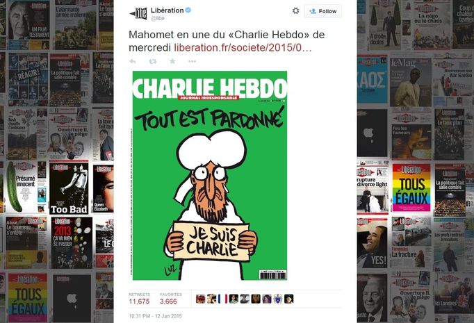 "Jsem Charlie." Titulní strana týdeníku Charlie Hebdo, který vyjde 14. ledna.