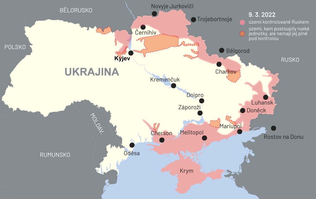 9. březen 2022: Mapa bojů na Ukrajině