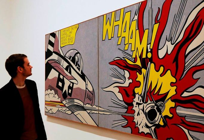 Roy Lichtenstein: Whaam! 1963. Ve stejném roce vzniklo i jedno z nejznámějších děl amerického pop artu, diptych leteckého souboje na život a na smrt.