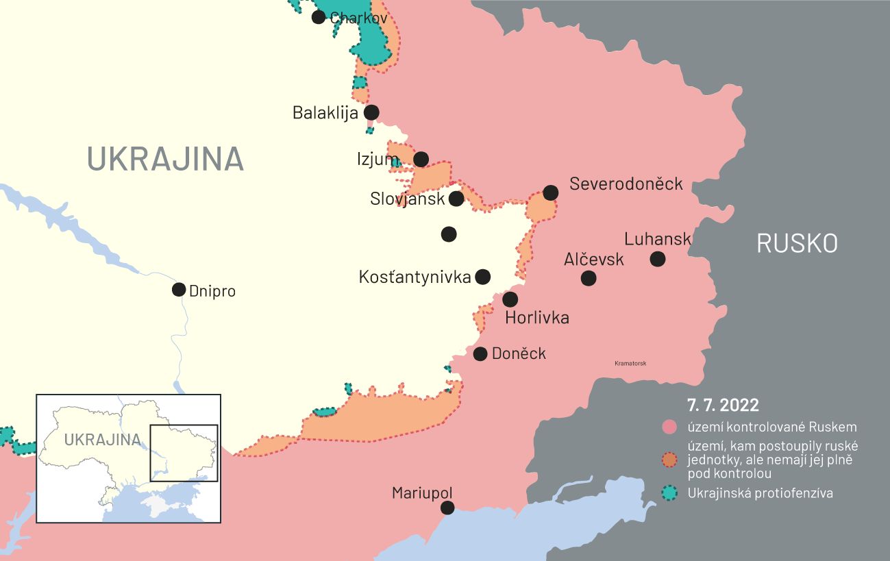 7. červenec 2022: Mapa bojů na Ukrajině