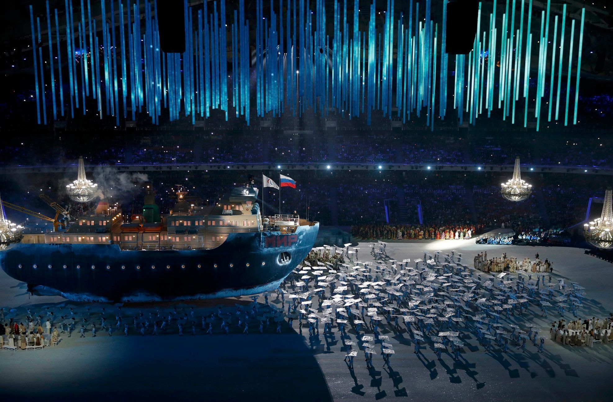 An icebreaker ship called 'Peace' carries the Paralympic and Russian flags during the opening ceremony of the 2014 Paralympic Winter Games in Sochi